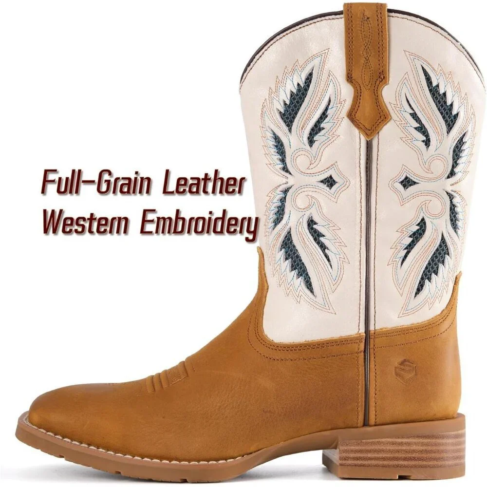 Men’s Tan White Square Toe Leather Boots Durable 10-inch Pull-on Wellington Boot